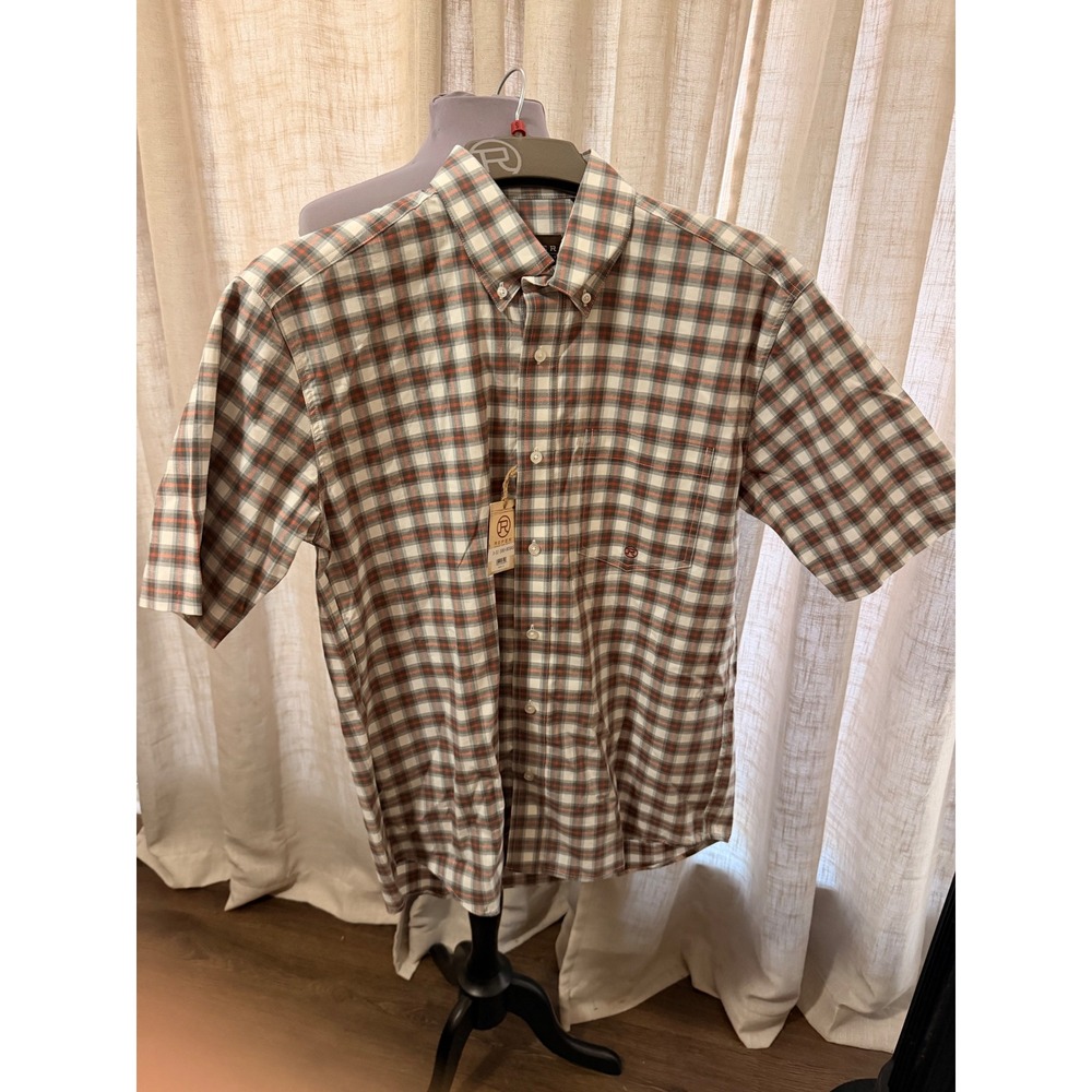 Roper Mens Short Sleeve Plaid Western Button Down Shirt Orange S 3-02-580-003AS